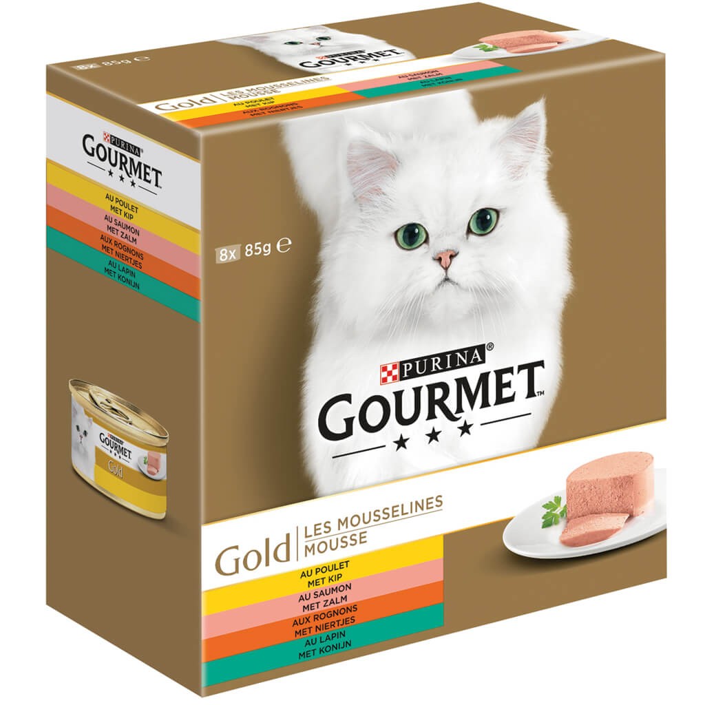Gourmet Gold Mousse med kylling, laks, nyrer, kanin vådfoder til katte (8-pack)