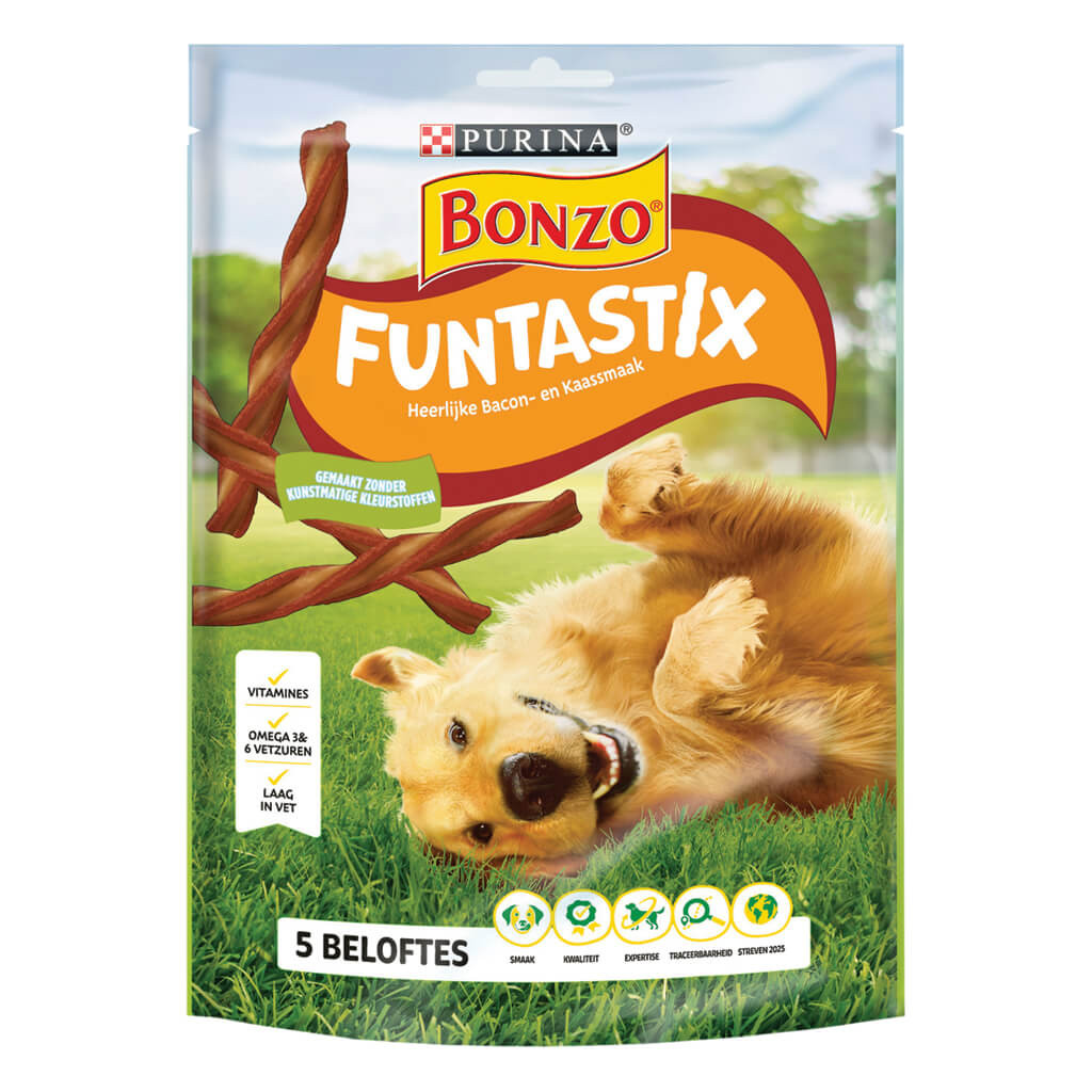 Purina Bonzo (Friskies) Funtastix med smag af bacon og ost hundesnack (175 g)