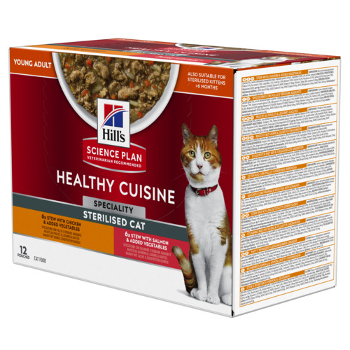 Hill's Healthy Cuisine Adult Sterilised Stew med kylling & grøntsager, med laks & grøntsager multipack til katte