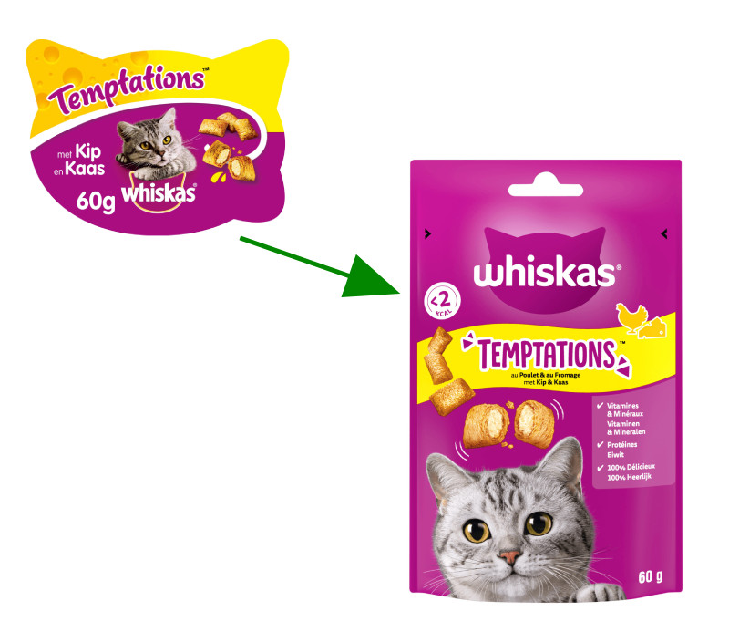 Whiskas Temptations med kylling & ost kattesnacks