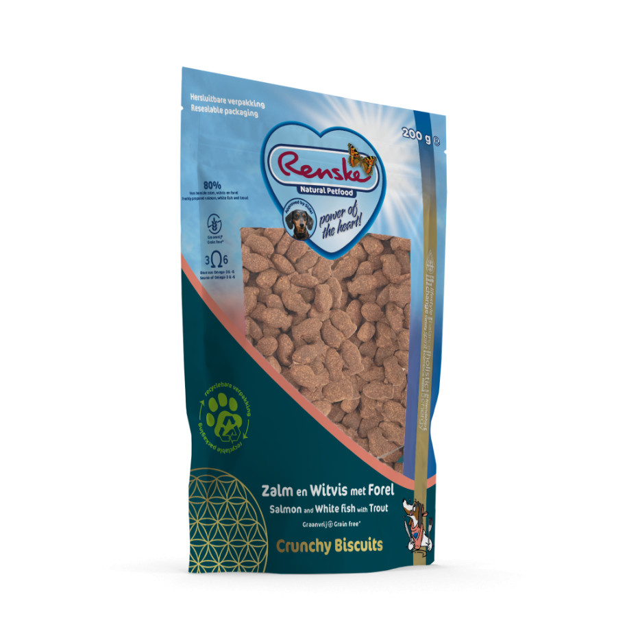 Renske Gezonde Beloning Crunchy zalm en witvis met forel hondensnack