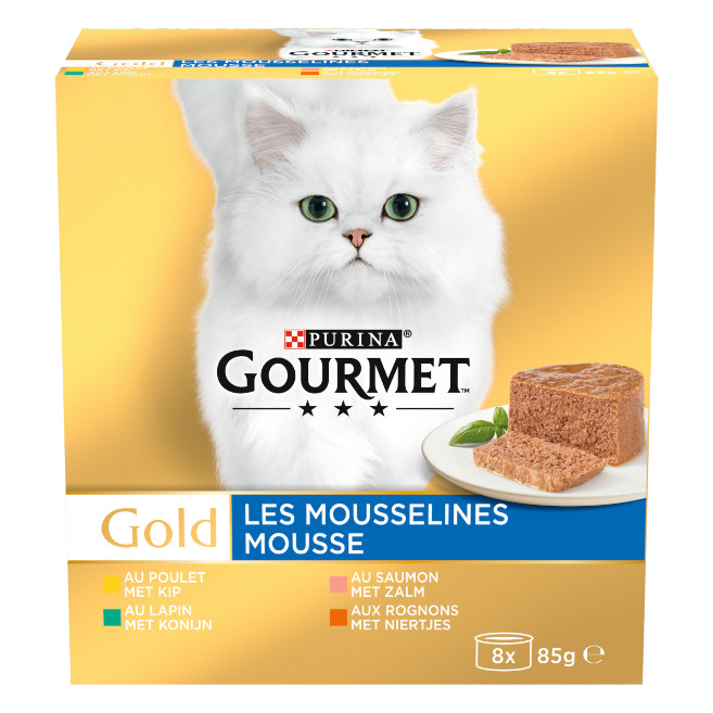 Gourmet Gold Mousse med kylling, laks, nyrer, kanin vådfoder til katte (8-pack)
