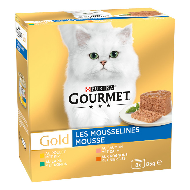 Gourmet Gold Mousse med kylling, laks, nyrer, kanin vådfoder til katte (8-pack)
