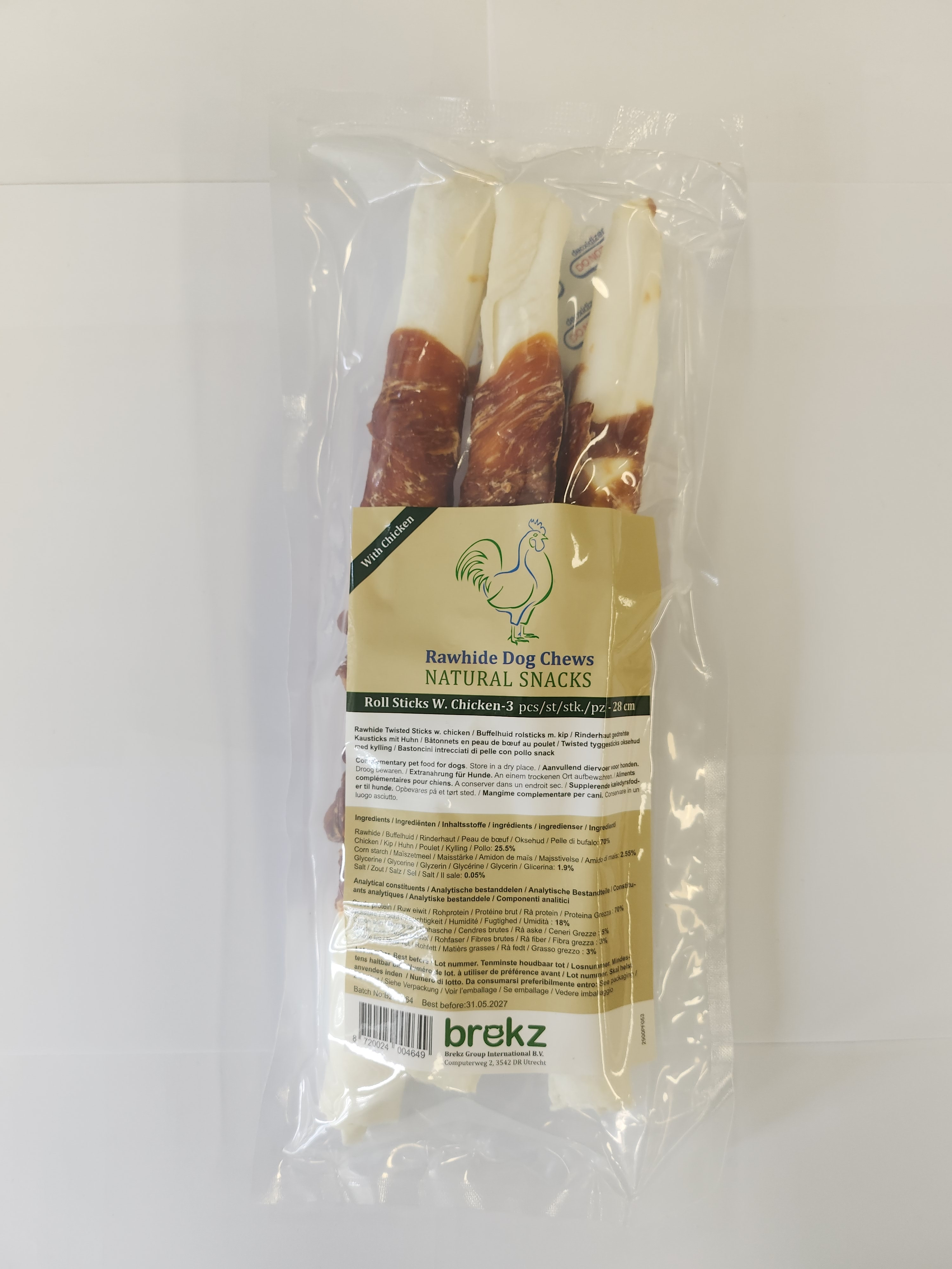 Brekz Rawhide Dog Chews - Twisted tyggesticks oksehud med kylling (28 cm)
