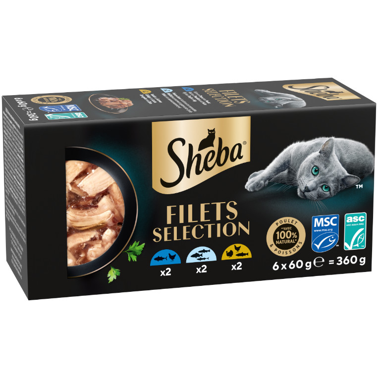 Sheba Filets Selection witvis, kip-tonijn, gevogelte-zalm natvoer kat multipack (kuipjes 60 g)