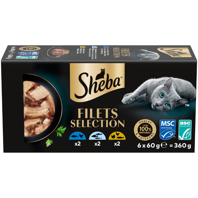 Sheba Filets Selection witvis, kip-tonijn, gevogelte-zalm natvoer kat multipack (kuipjes 60 g)