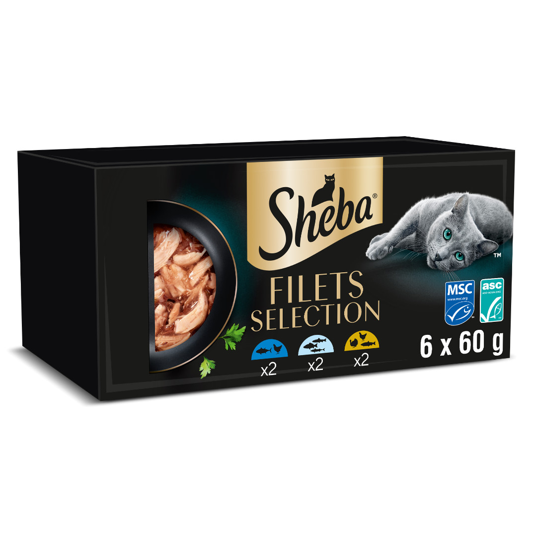 Sheba Filets Selection witvis, kip-tonijn, gevogelte-zalm natvoer kat multipack (kuipjes 60 g)