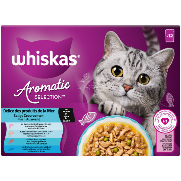 Whiskas 1+ Aromatic Zalige Zeevruchten in saus natvoer kat multipack (zakjes 85 g)