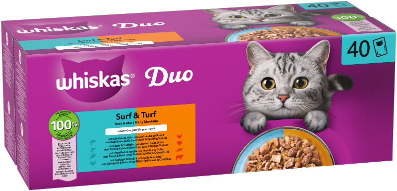 Whiskas 1+ Duo Surf & Turf in gelei maaltijdzakjes multipack