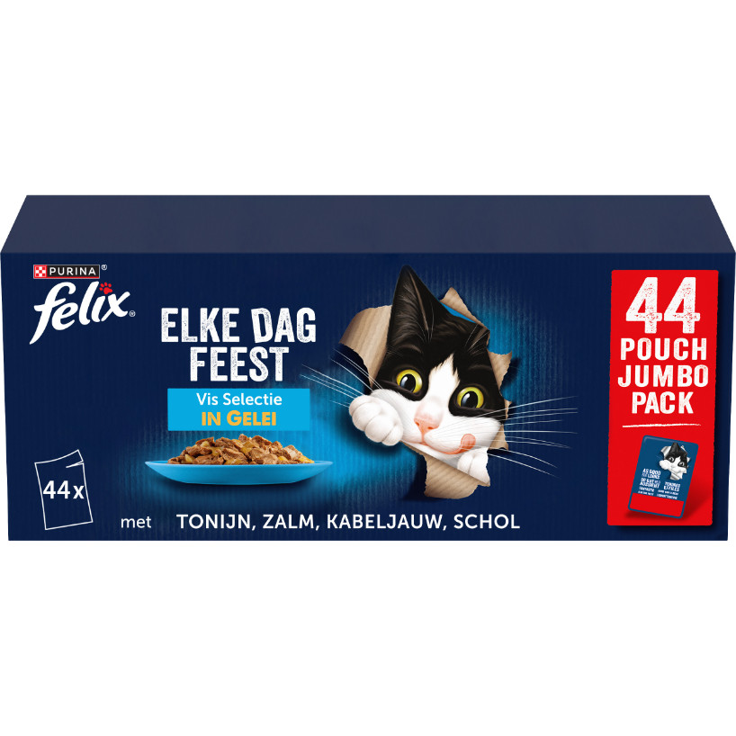 Felix Elke Dag Feest Vis Selectie in gelei met tonijn, zalm, kabeljauw, schol natvoer kat (jumbopack)